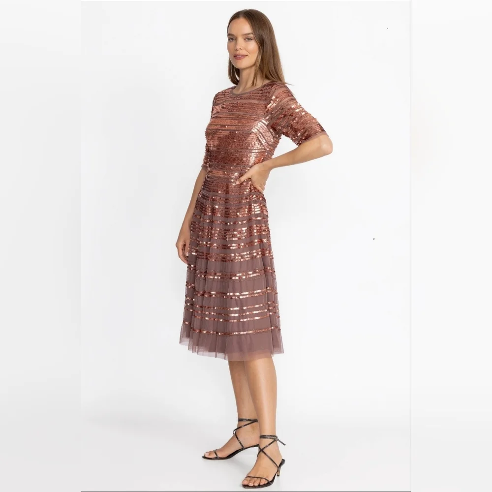 NWT Size 10 Johnny Was Sepia Beaded Sequin Midi Cocktail Dress - Picture 3 of 9